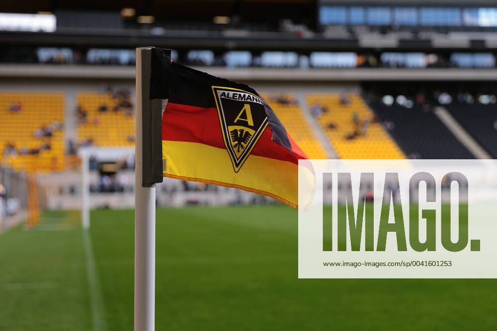 Aachen, Germany, 10 08 2019, DFB Cup, Round 1, Alemannia Aachen Bayer 04 Leverkusen, corner flag in Aachen Tivoli with logo of Alemannia Aachen Aachen Tivoli North Rhine Westphalia Germany eu images 09 542 004971 eu-images-542 DFB REGULATIONS PROHIBIT ANY USE OF PHOTOGRAPHS AS IMAGE SEQUENCES AND OR QUASI-VIDEO.