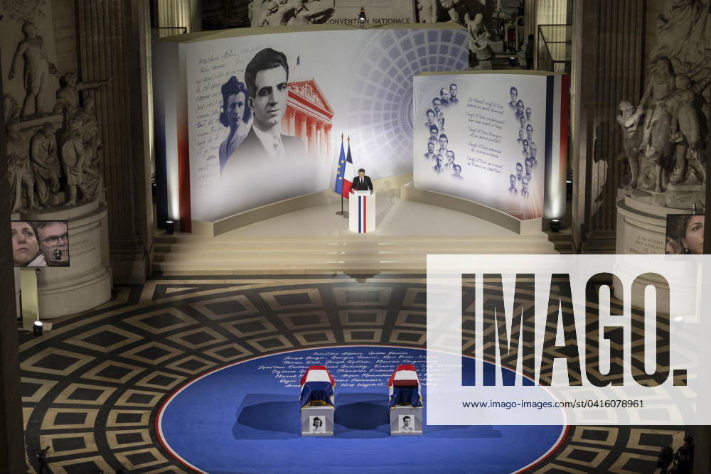 CÃ rÃ monie d Etat pour l intronisation de Missak Manouchian et de sa femme MÃ linee au PanthÃ on Ã Paris Le prÃ sident Emmanuel Macron lors de la cÃ rÃ monie d Etat pour l intronisation de Missak Manouchian et de sa femme MÃ linee au PanthÃ on Ã Paris le 21 fÃ vrier 2024. Eliot Blondet Pool Bestimage French President Emmanuel Macron gives a speech during the national tribute to the Armenian communist resistance fighter and his comrades at the Pantheon, in Paris on February 21, 2024. Paris France