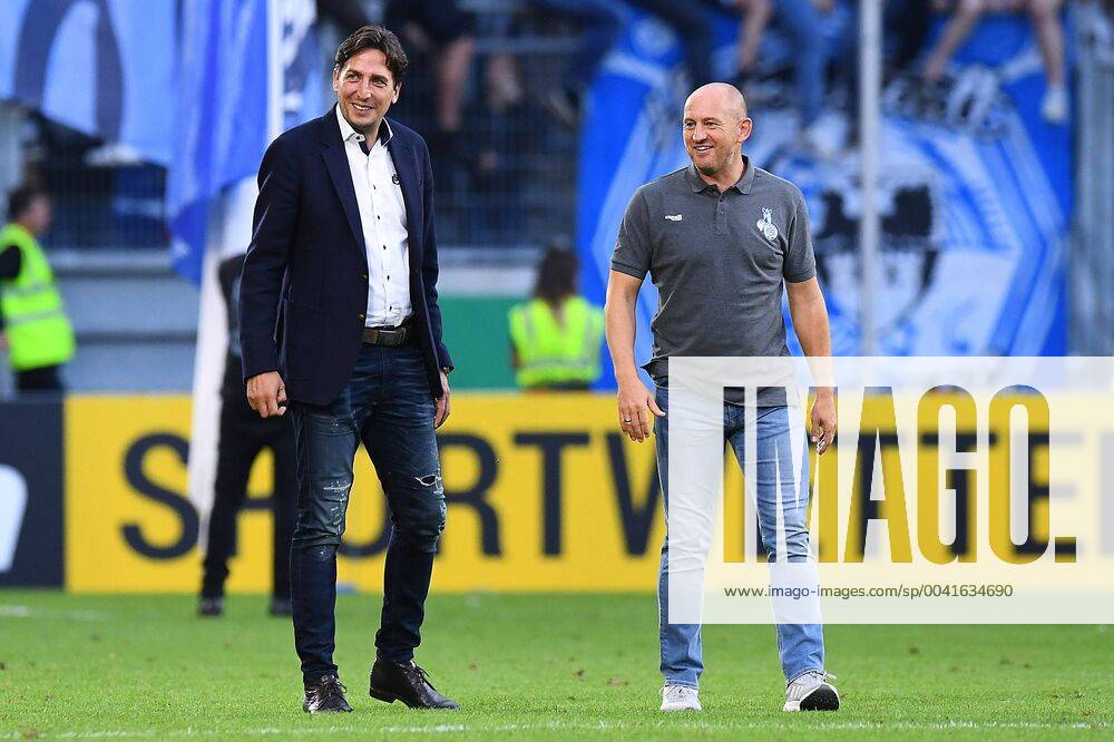 Football DFB Cup 1 Round MSV Duisburg SpVgg Greuther Fürth on 11 08 2019 in the Schauinsland Reisen Arena in Duisburg Ivica Grlic Sports Director Duisburg , left Torsten Lieberknecht Head coach Duisburg , right DFB regulations prohibit any use of photographs as image sequences and or quasi video xRx