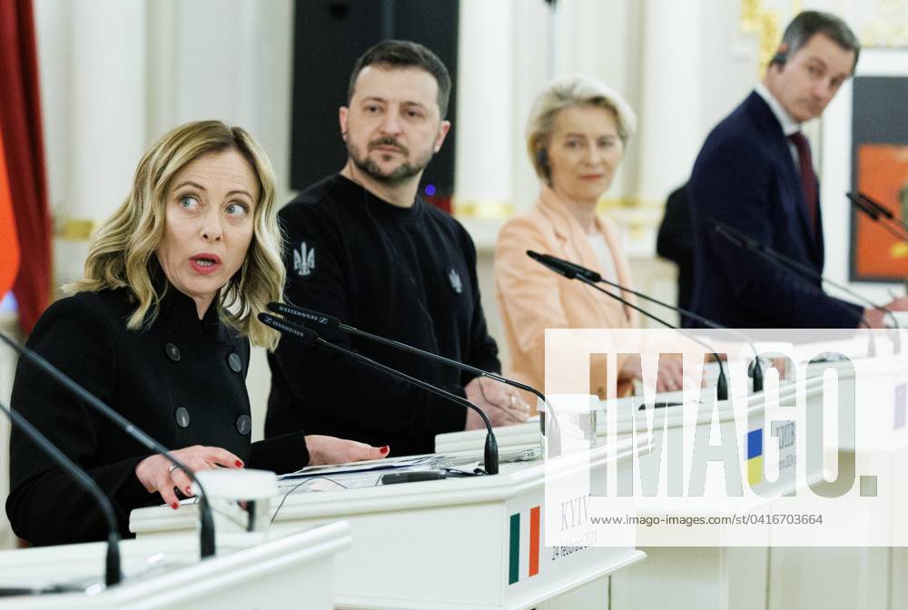 Bilder des Jahres 2024, News 02 Februar Italian Prime Minister Giorgia Meloni, Ukraine president Volodymyr Zelensky, European Commission president Ursula Von der Leyen and Prime Minister Alexander De Croo pictured during a joint press conference, in Kyiv, Ukraine, Saturday 24 February 2024. Belgian Prime Minister and European Commission President are on a visit in Ukraine, on the day of the second year anniversary of the start of the conflict with Russia. BENOITxDOPPAGNE 86872641