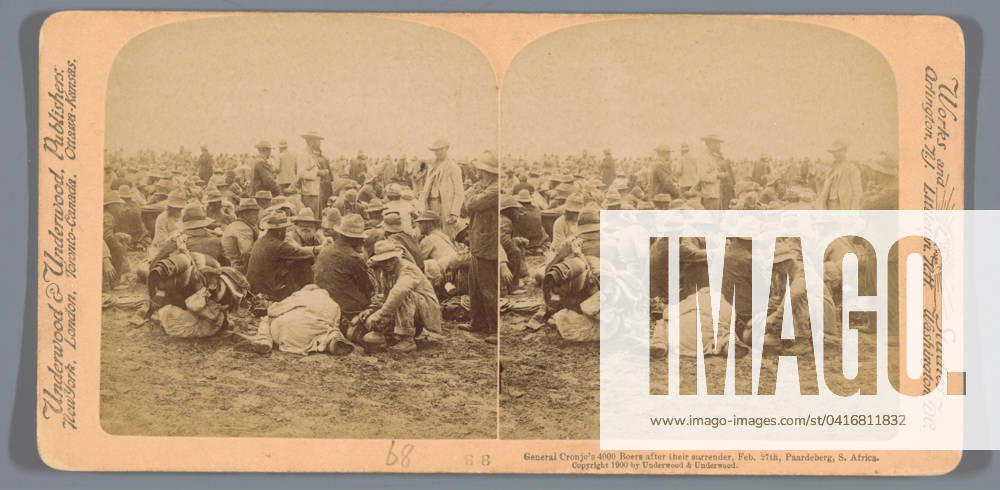 Farmers under the command of General Cronjà (Pieter Arnoldus Cronjà ) who have surrendered to the British army after the Battle of Paardeberg, February 27, Anonymous, 1900 stereograph Modderrivierpublisher: New York (city) (possibly) cardboard. paper albumen print surrender ~ prisoner of war Modder River