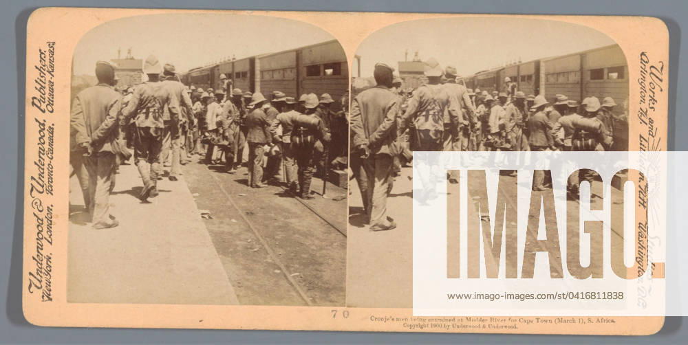 Farmers prisoners are put on the train to Cape Town, South Africa, Anonymous, 1900 stereograph Modderrivierpublisher: New York (city) (possibly) cardboard. paper albumen print transport, train (military). prisoner of war (after the battle) Modder River