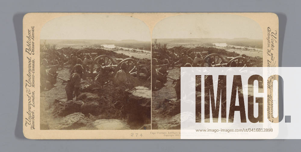 British artillery shoots the farmers at the mud river, South Africa, Anonymous, 1900 stereograph Modderrivierpublisher: New York (city) (possibly) cardboard. paper albumen print battle (+ artillery). firearms: cannon Modder River