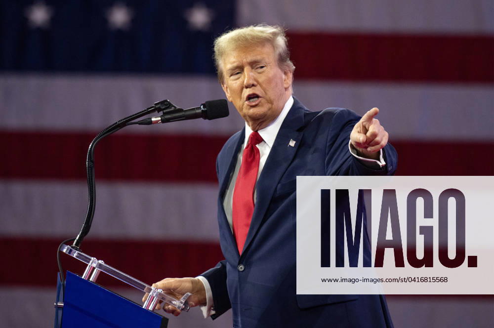 Former United States President DONALD J TRUMP makes remarks at the 2024 Conservative Political Action Conference (CPAC) in National Harbor, Maryland. Oxon Hill USA - ZUMAs152 20240224_faa_s152_059