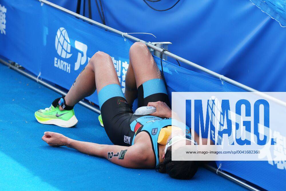 Belgian Claire Michel is exhausted after the women s race of the Tokyo triathlon event, Thursday 15 August 2019 in Japan, serving as a test for the 2020 olympics. THIERRYxDEKETELAERE x05643445x