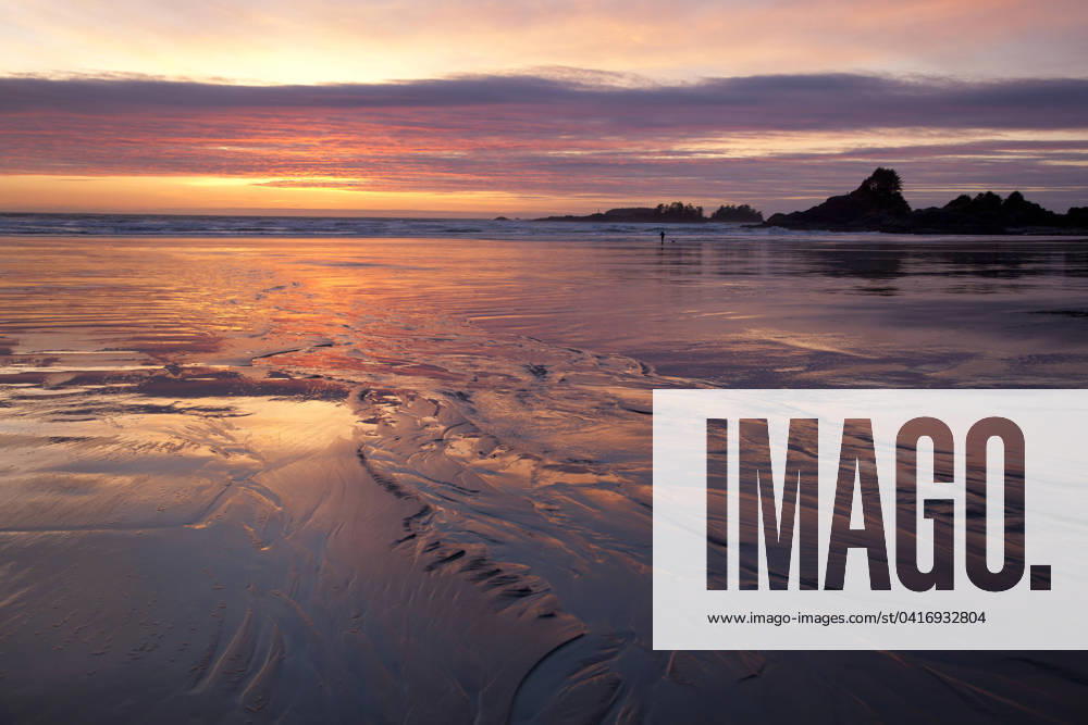 Cox Bay and Sunset Point at sunset near Tofino, British Columbia, Canada on Vancouver Island in Clayoquot Sound UNESCO Biosphere Reserve.