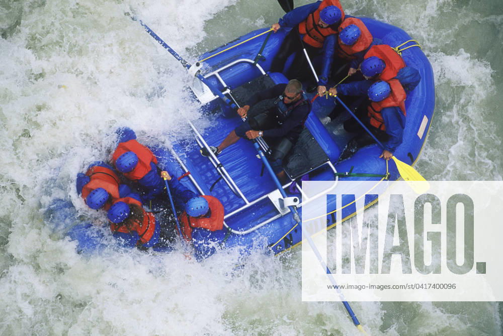 Aerial of Whitewater rafting on Kicking Horse River, British Columbia, Canada.