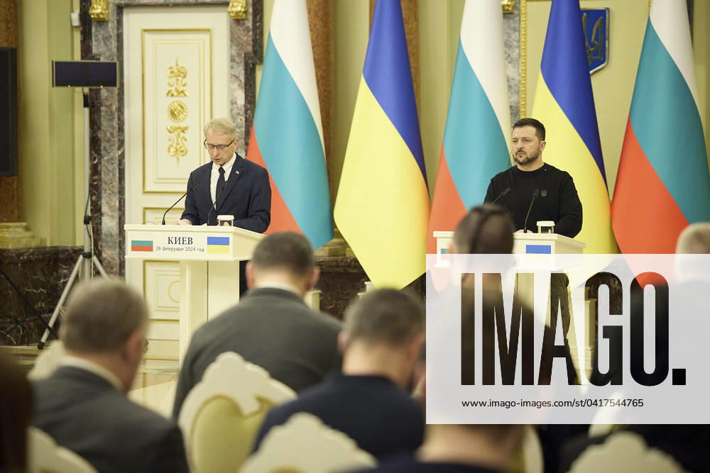 Ukrainian President Volodymyr Zelenskyy, right, and Bulgaria Prime Minister Nikolai Denkov, left, listen to a question during a joint press conference at the Mariinsky Palace, February 26, 2024 in Kiev, Ukraine. Kiev Ukraine - ZUMAp138 20240226_zaa_p138_020
