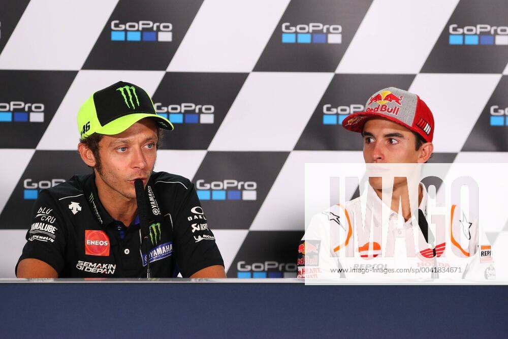 Valentino Rossi Monster Energy Yamaha MotoGP and Marc Marquez Repsol Honda Team in the press conference, PK, Pressekonferenz during the 2019 GoPro British Grand Prix at Silverstone Circuit, Towcester, England on 23-25 August 2019.