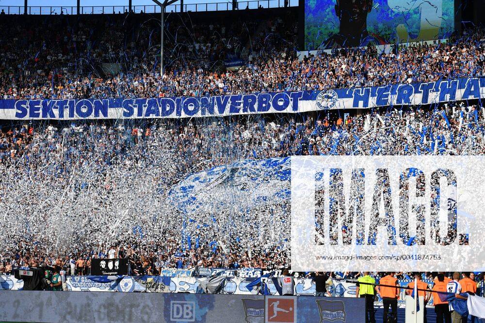 The fans in the Ostkurve with a confetti choreography Hertha BSC Berlin VfL Wolfsburg 1 Bundesliga 2019 2020, 1 BL, 1 Bundesliga, DFL, Football, Soccer, Men, Men, Men, Germany, Germany Berlin, 25 8 2019, Olympic Stadium DFL REGULATIONS PROHIBIT ANY USE OF PHOTOGRAPHS AS IMAGE SEQUENCES AND OR QUASI VIDEO