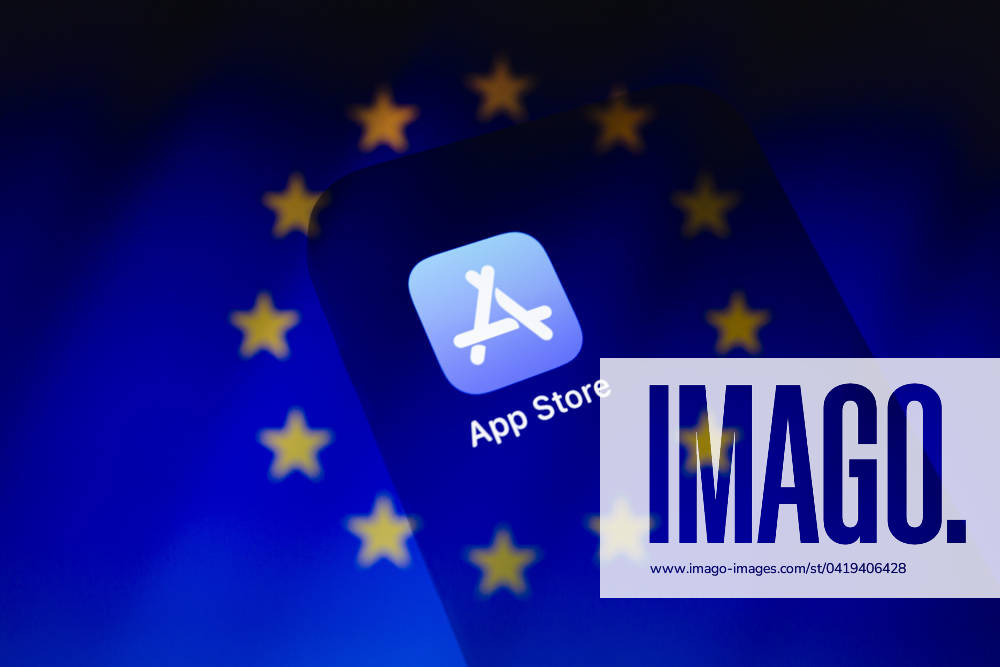 Apple App Store application icon is displayed on iPhone backdropped by cropped flag of the European Union. The European Commission said today it has fined Apple over 1.8 billion euro for abusing its dominant position on the market for the distribution of music streaming apps to iPhone and iPad users ( iOS users ) through its App Store. Asuncion Paraguay - ZUMAc217 20240304_zip_c217_004