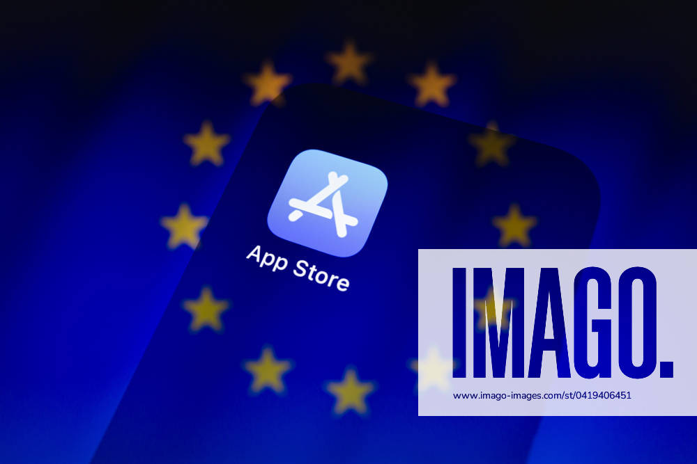 Apple App Store application icon is displayed on iPhone backdropped by cropped flag of the European Union. The European Commission said today it has fined Apple over 1.8 billion euro for abusing its dominant position on the market for the distribution of music streaming apps to iPhone and iPad users ( iOS users ) through its App Store. Asuncion Paraguay - ZUMAc217 20240304_zip_c217_005