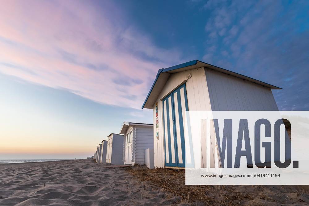 Abendstimmung with View at Whites Beach huts with blue Strip on Sea at Pink Cloudy sky, Texel, North Sea, Netherlands, Europe