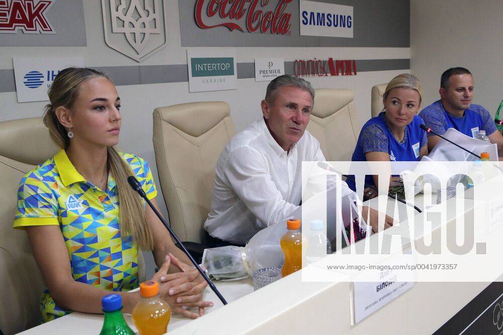 Two-time world judo champion Daria Bilodid, 18, Ukrainian National Olympic Committee President Serhiy Bubka and mother of the young athlete Svitlana Kuznetsova (L to R) attend a news conference, Kyiv, capital of Ukraine, August 29, 2019. Daria Bilodid won her second gold medal at the 2019 World Judo Championships in Tokyo. Ukrinform. Two-time world judo champion Daria Bilodid gives news conference in Kyiv