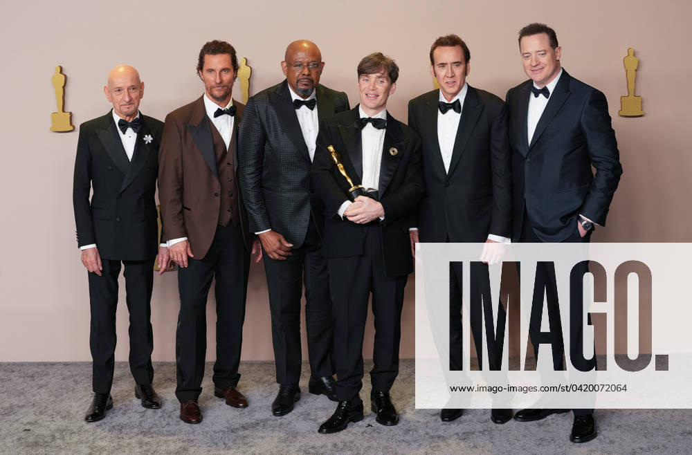 Cillian Murphy (C) of Oppenheimer, celebrates backstage with his Oscar for Best Actor and a cast of fellow Academy Award winners including Ben Kingsley, Matthew McConaughey, Forest Whitaker, Nicolas Cage, and Brendan Fraser during at the 96th annual Academy Awards in Los Angeles, California, on Sunday, March 10, 2024. Since 1929, the Oscars have recognized excellence in cinematic achievements. LAP20240310871 PATxBENIC