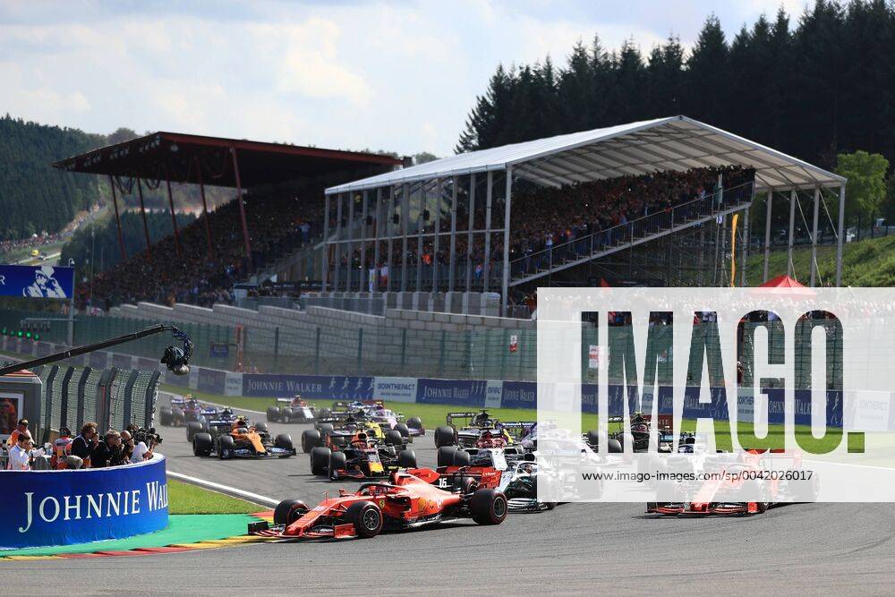 1st September 2019; Spa-Francorchamps racing circuit , Stavelot, Belgium; Formula 1 Grand Prix of Belgium, Race Day; Scuderia Ferrari, Charles Leclerc leads race start ahead of Vettel and Hamilton - Editorial Use Only. ActionPlus12164827 Octane