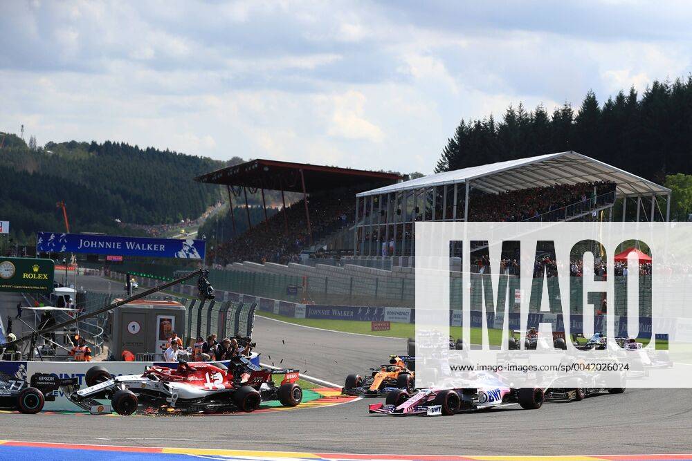 1st September 2019; Spa-Francorchamps racing circuit , Stavelot, Belgium; Formula 1 Grand Prix of Belgium, Race Day; Alfa Romeo Racing, Kimi Raikkonen in the air with Aston Martin Red Bull Racing, Max Verstappen behind - Editorial Use Only. ActionPlus12164834 Octane