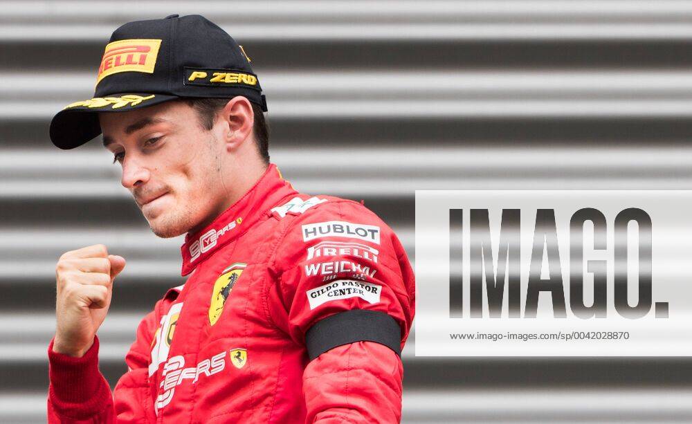 Ferrari s Monegasque driver Charles Leclerc celebrates on the podium after winning the Spa-Francorchamps Formula One Grand Prix of Belgium race, in Spa-Francorchamps, Sunday 01 September 2019. BENOITxDOPPAGNE x05653708x