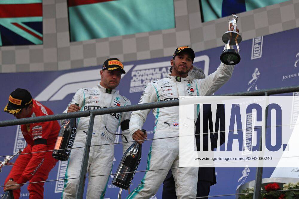 1st September 2019; Spa-Francorchamps racing circuit , Stavelot, Belgium; Formula 1 Grand Prix of Belgium, Race Day; Mercedes AMG Petronas Motorsport, Lewis Hamilton holds uo his 2nd placed trophy - Editorial Use Only. ActionPlus12164879 Octane