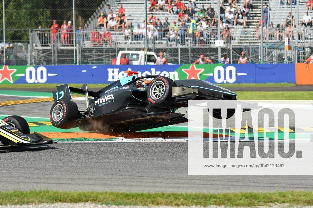 Keyvan Andres 12 flies over the curbs in the first corner, FIA Formula 3, 1 race, Formula 1, Grand Prix of Italy, 07 09 2019 Formula 1, Grand Prix of Italy, 07 09 2019 Monza
