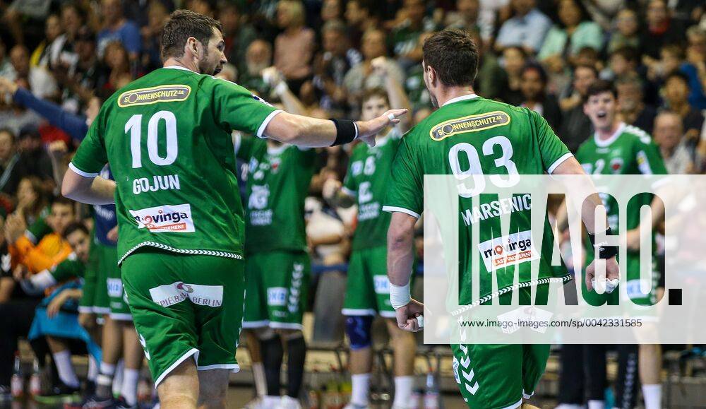 Handball, 1 Bundesliga, 5 Matchday, Füchse Berlin TVB Stuttgart, Max Schmeling Halle Berlins Jakov Gojun and team mate Mijajlo Marsenic r clap each other after a goal from Handball 1 Bundesliga Füchse Berlin TVB Stuttgart