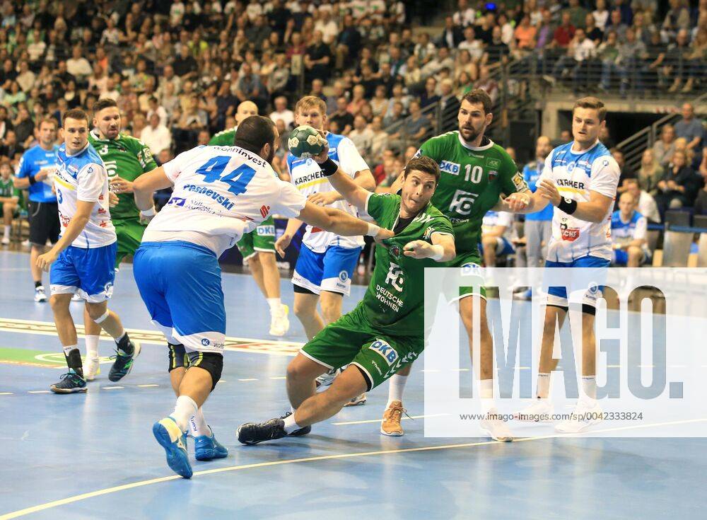 GER, DHB, 1 HBL, FUECHSE BERLIN VS TVB Stuttgart 15 09 2019, Max Schmeling Halle, Berlin, GER, DHB, 1 HBL, FUECHSE BERLIN VS TVB Stuttgart, DHB regulations prohibit any use of photographs as image sequences and or quasi video in picture Mijajlo Marsenic Fuechse Berlin 93 , Jakov Gojun Fuechse Berlin 10 , Zarko Pesevski Stuttgart 44 , David Schmidt Stuttgart 77 nordphotox xEngler nph00076