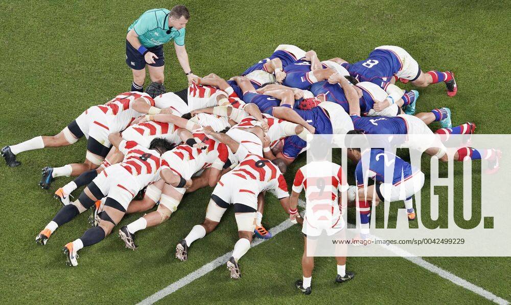 KW38 Rugby World Cup in Japan Japan players form a scrum during the first half of a Rugby World Cup Pool A match against Russia in Chofu, western Tokyo, on Sept. 20, 2019.