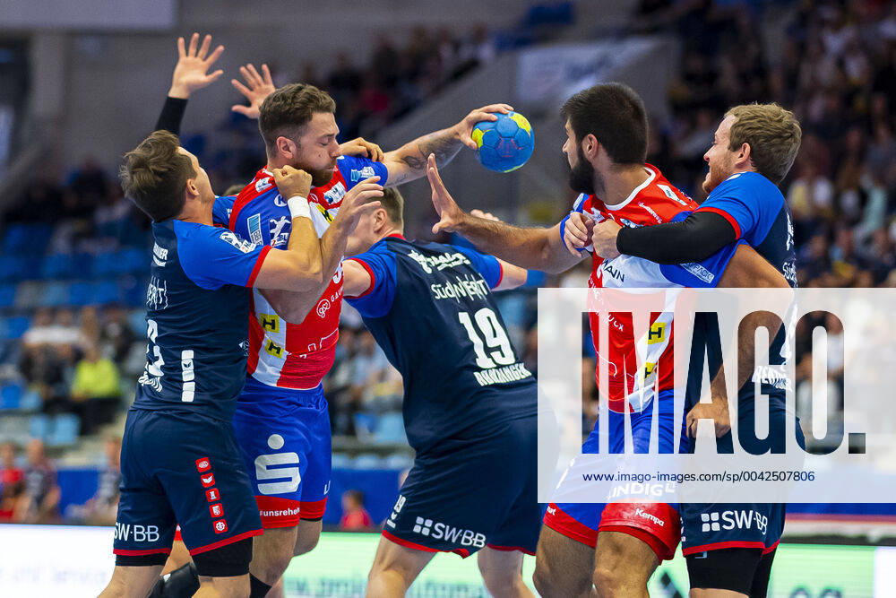 Bietigheim, Germany 25 August 2019 2 BL 19 20 SG BBM Bietigheim vs ThSV Eisenach vs Jan Asmuth SG BBM Bietigheim , Alexander Saul Eisenach , Vetle Ronningen SG BBM Bietigheim , Marko Racic Eisenach , Patrick Rentschler SG BBM Bietigheim Bietigheim Egetrans Arena Baden Württemberg Germany