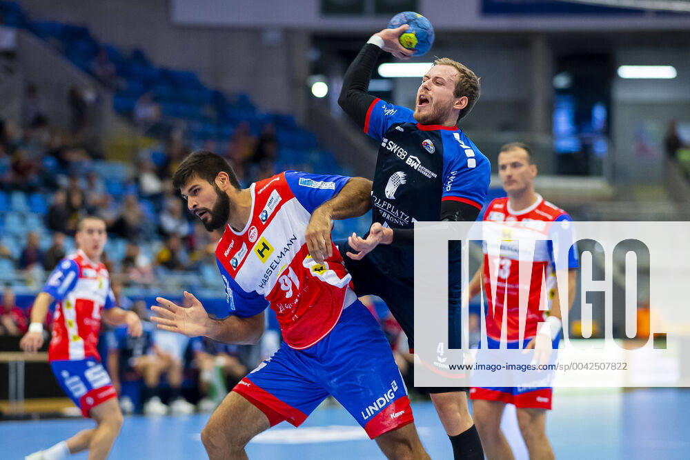 Bietigheim, Germany 25 August 2019 2 BL 19 20 SG BBM Bietigheim vs ThSV Eisenach vs li Marko Racic Eisenach , Patrick Rentschler SG BBM Bietigheim Bietigheim Egetrans Arena Baden Württemberg Germany