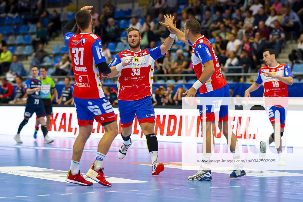 Bietigheim, Germany 25 August 2019 2 BL 19 20 SG BBM Bietigheim vs ThSV Eisenach v li Andrej Obranovic Eisenach , Justin Mürköster Muerkoester Eisenach , Bietigheim Egetrans Arena Baden Württemberg Germany