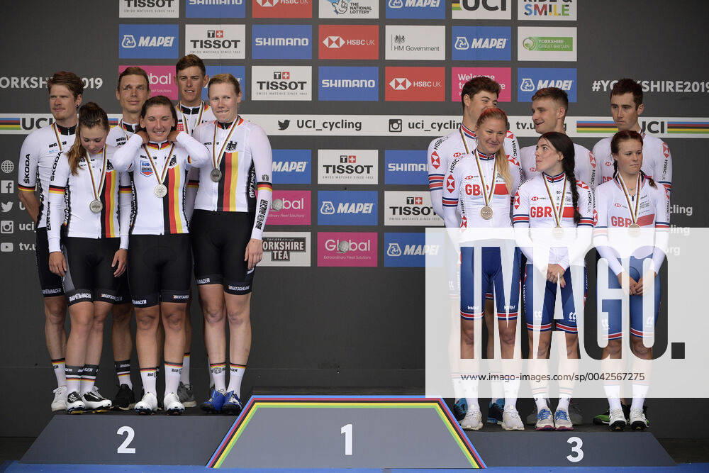 KW38 Team Germany and Team Great Britain pictured on the podium after the Team Time Trial Mixed Relay at the UCI Road World Championships cycling in Harrogate, North Yorkshire, United Kingdom, Sunday 22 September 2019. The Worlds are taking place from 21 to 29 September. YORICKxJANSENS x05669431x