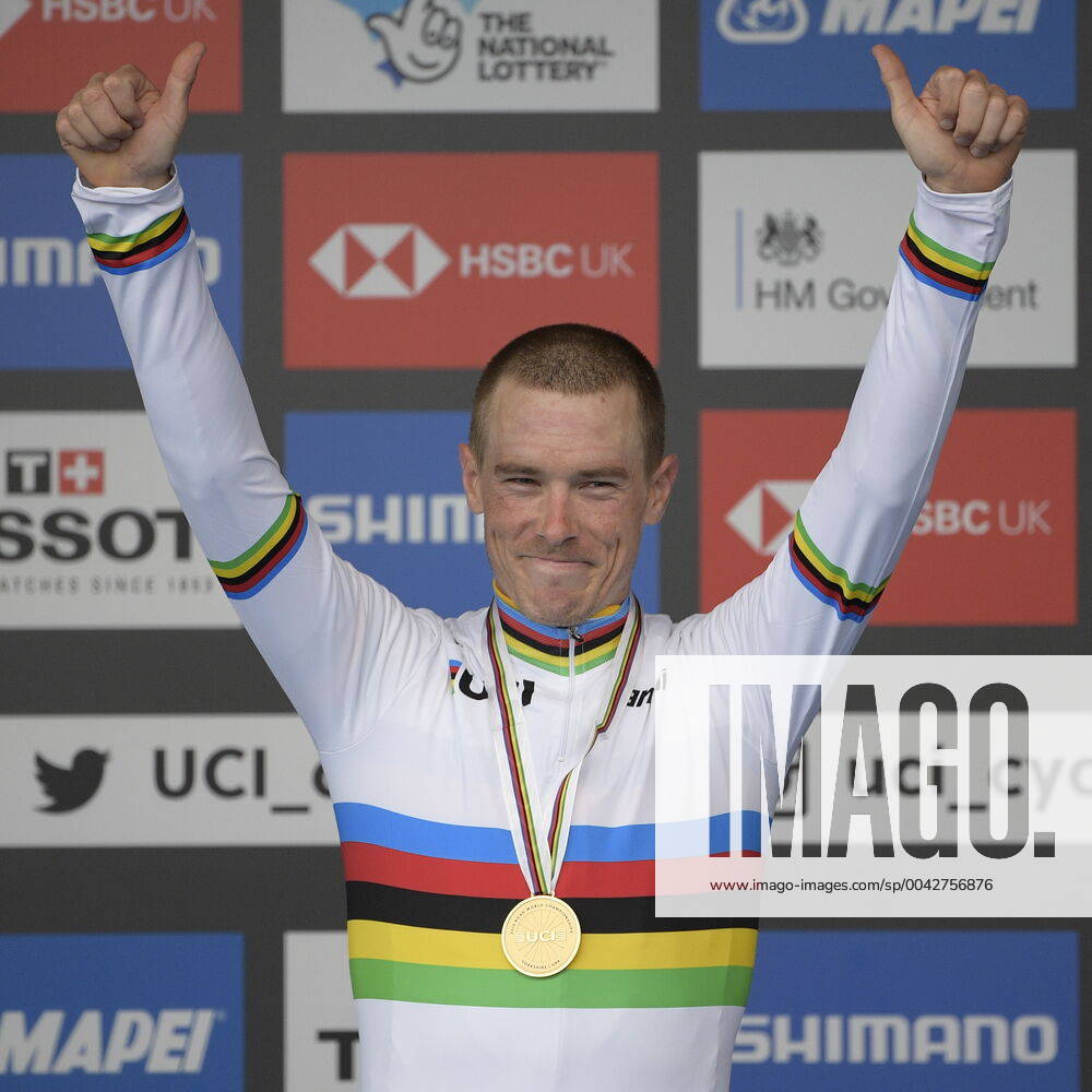 KW39 Australian Rohan Dennis of Bahrain-Merida , winner of the gold medal celebrates on the podium of the Men Elite Individual Time Trial at the UCI Road World Championships cycling in Harrogate, North Yorkshire, United Kingdom, Wednesday 25 September 2019. The Worlds are taking place from 21 to 29 September. YORICKxJANSENS x05671341x
