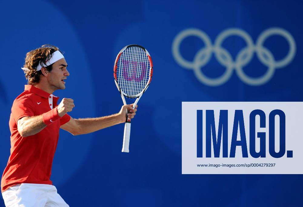 Roger Federer (Schweiz) - Jubel - Tennis OS Sommer Herren Olympische Spiele Peking 2008, Sommerspiele, Halbfinale, Nationaltrikot Einzelbild Peking Freude