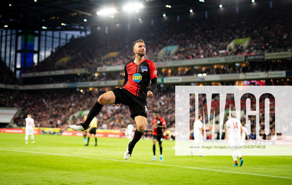 Goal celebration Vedad Ibisevic Hertha jumps into the air 1 FC Köln Hertha BSC Berlin DFL regulations prohibit any use of photographs as image sequences and or quasi video