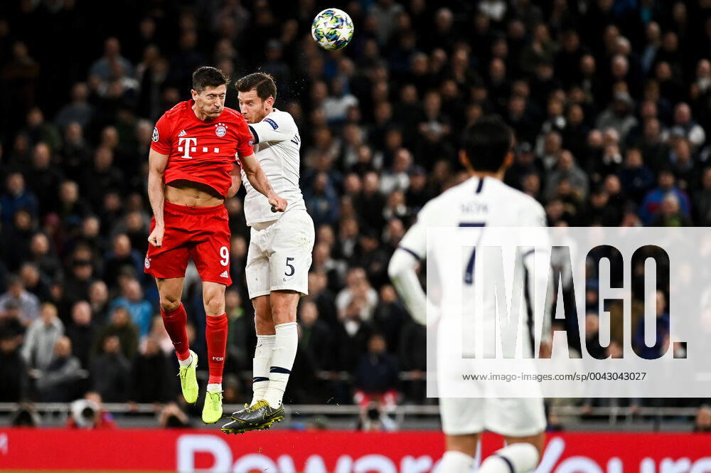 Robert Lewandowski from Bayern Munich (L) and Jan Vertonghen from Tottenham Hotspur (R) are seen in action during the UEFA Champions League (Group B) match between Tottenham Hotspur and Bayern Munich. Tottenham Hotspur vs Bayern Munich during the UEFA Champions League in London, UK - 01 Oct 2019 - ZUMAs197 20191001_zaa_s197_211