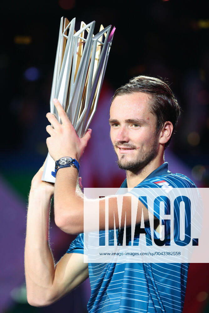 (191013) -- SHANGHAI, Oct. 13, 2019 -- Daniil Medvedev of Russia celebrates during the awarding ceremony after the men s singles final match between Daniil Medvedev of Russia and Alexander Zverev of Germany at 2019 ATP, Tennis Herren Shanghai Masters tennis tournament in Shanghai, east China, on Oct. 13, 2019. ) (SP)CHINA-SHANGHAI-TENNIS-ATP MASTERS(CN) DingxTing