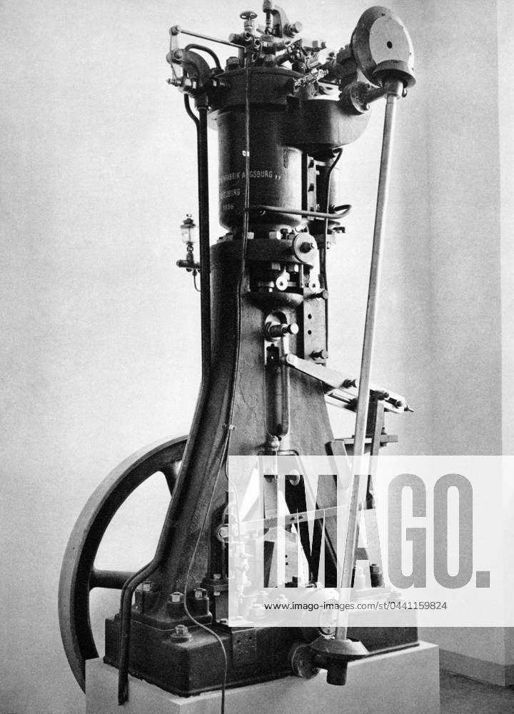 RUDOLF DIESEL (1858-1913). German mechanical engineer. Diesel s first model of his internal combustion engine, 1893.
