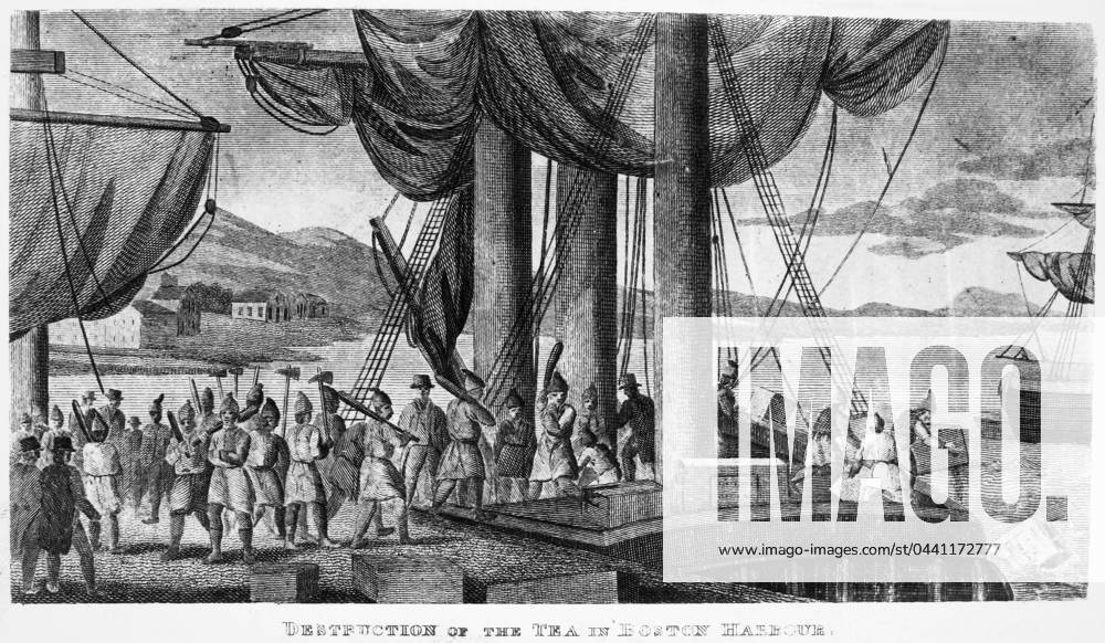 BOSTON TEA PARTY, 1773.Destruction of the tea in Boston Harbor, 16 December 1773. Copper engraving, late 18th century.