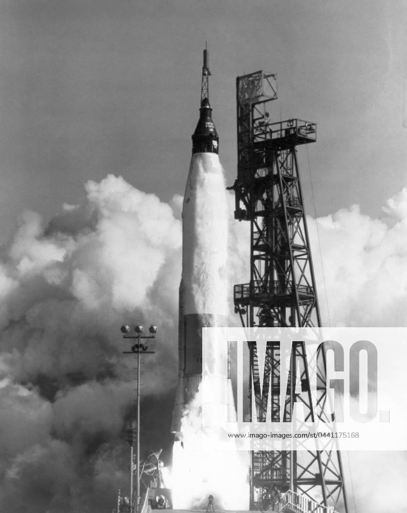 MERCURY-ATLAS 6, 1962. The launching of Mercury-Atlas 6 at Cape Canaveral, Florida, on 20 February 1962. Aboard is Astronaut John F. Glenn, Jr., on his way to three orbits about the Earth.