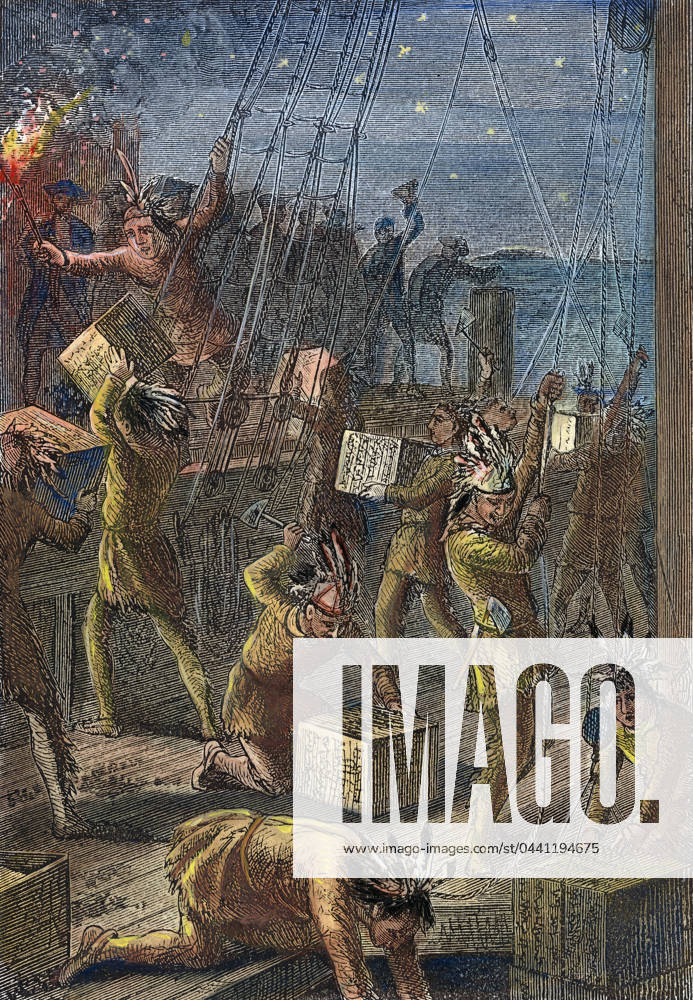 BOSTON TEA PARTY, 1773. The destruction of tea in Boston Harbor, 16 December 1773. Wood engraving, American, 19th century.