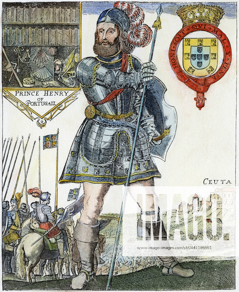 HENRY THE NAVIGATOR (1394-1460), prince of Portugal and patron of exploration, at the conquest of Ceuta in northern Morocco, 1415. Line engraving, 16th century.