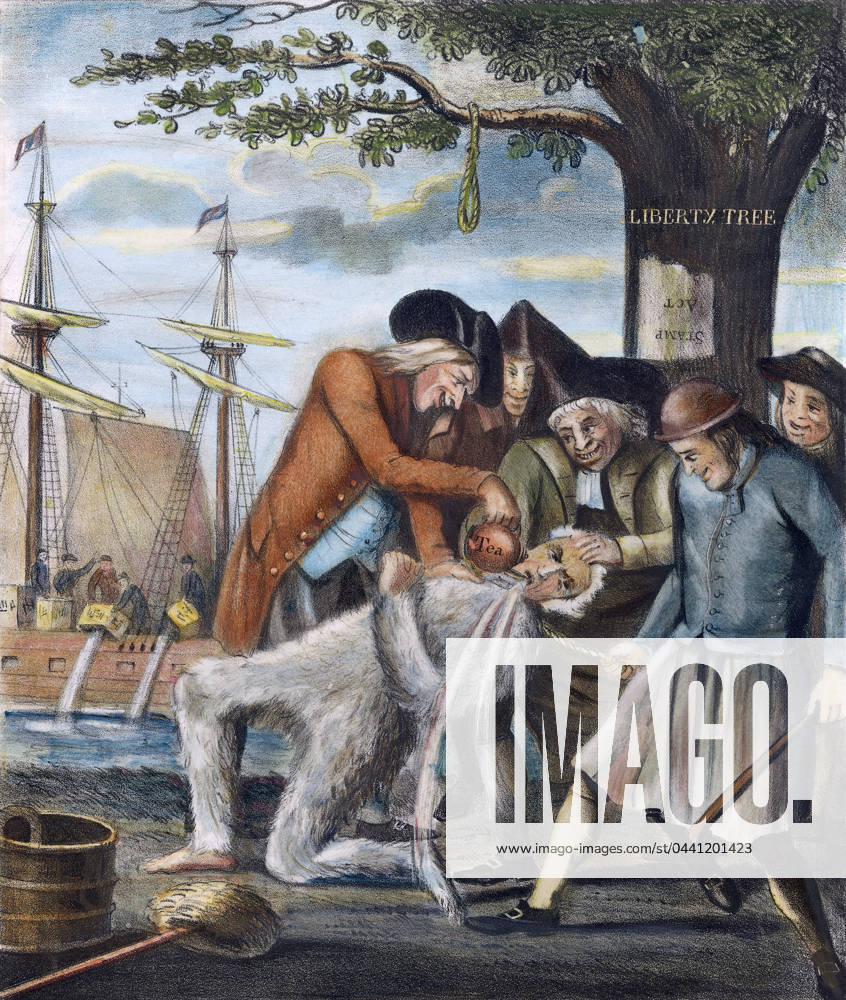 TARRING & FEATHERING, 1773. The Bostonians Paying the Excise Man, or Tarring & Feathering. American edition of an English mezzotint satire, 1774, on the treatment given to John Malcom, an unpopular Commissioner of Customs at Boston.