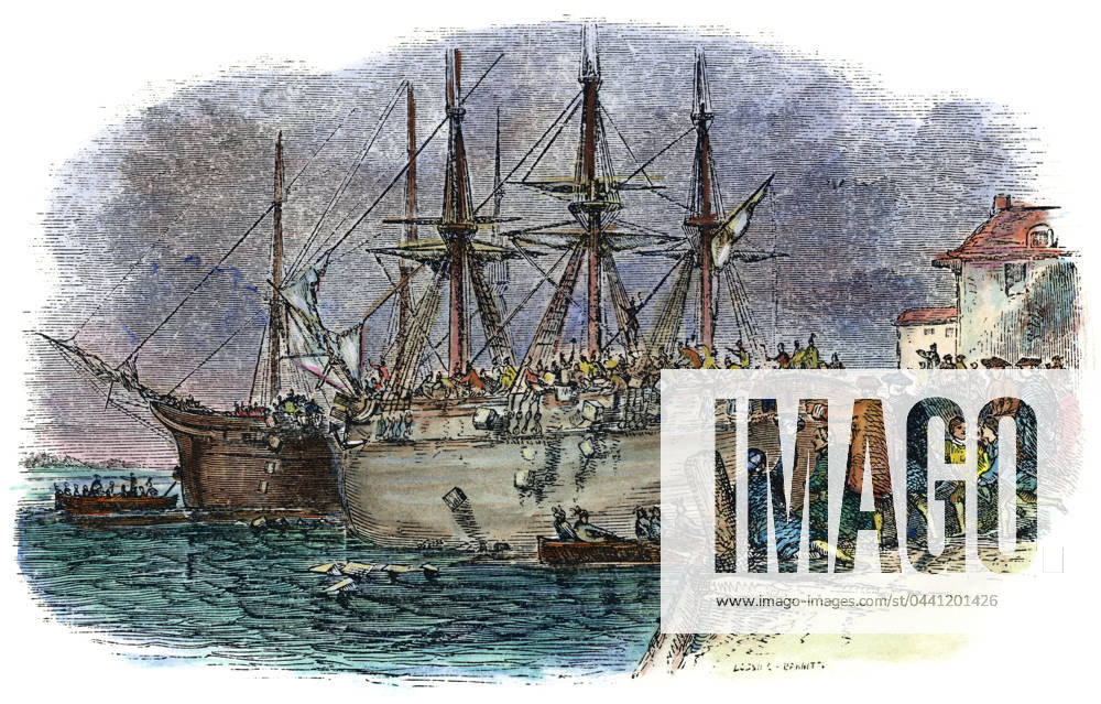 BOSTON TEA PARTY, 1773. Casting tea overboard in Boston Harbor, 16 December 1773. Wood engraving, American, 1851.