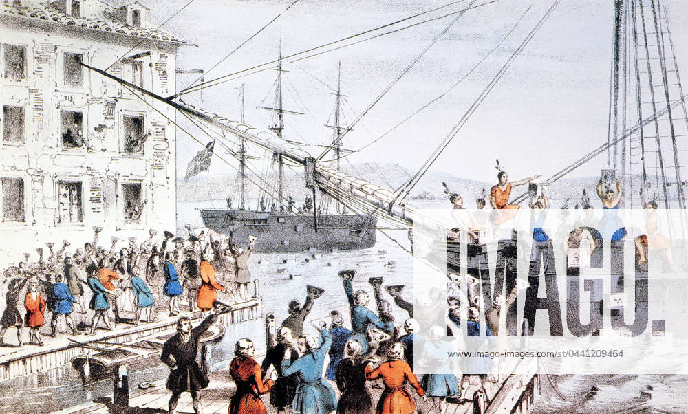 BOSTON TEA PARTY, 1773.Boston Tea Party, December 16, 1773. Lithograph, 1846, by Nathaniel Currier.