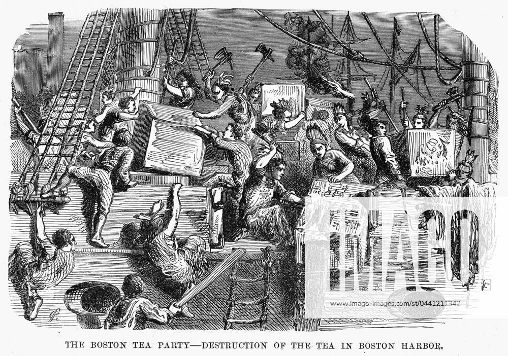 BOSTON TEA PARTY, 1773. Destruction of the tea in Boston Harbor, 16 December 1773. Wood engraving, 19th century.