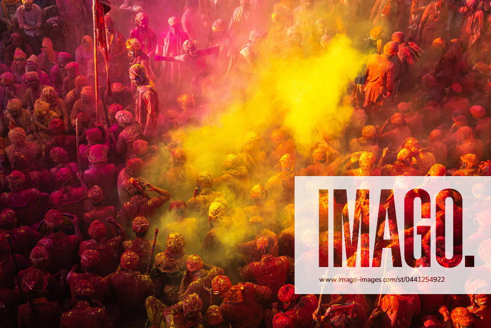The Holi Festival is one of the largest colorful celebrations in India. Hindu devotees gather together to play Holi by throwing different Gulal colors on each other to celebrate the vibrant festival. This event will take place at Nandbhavan Mandir in Mathura, Nandgaon Rural, a town in the state of Uttar Pradesh, India Mathura India - ZUMAs263 20240319_zip_s263_002