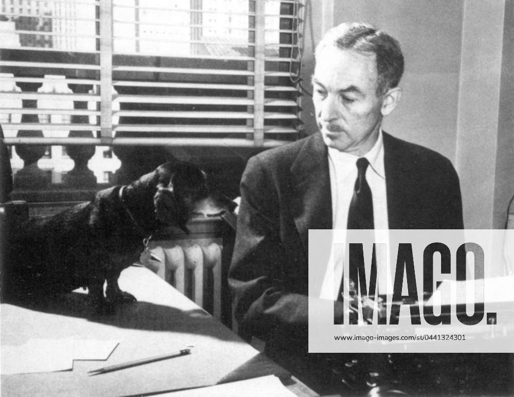 E.B. WHITE (1899-1985). American writer. In his office at The New Yorker magazine, accompanied by his dachshund, Millie, c1955.