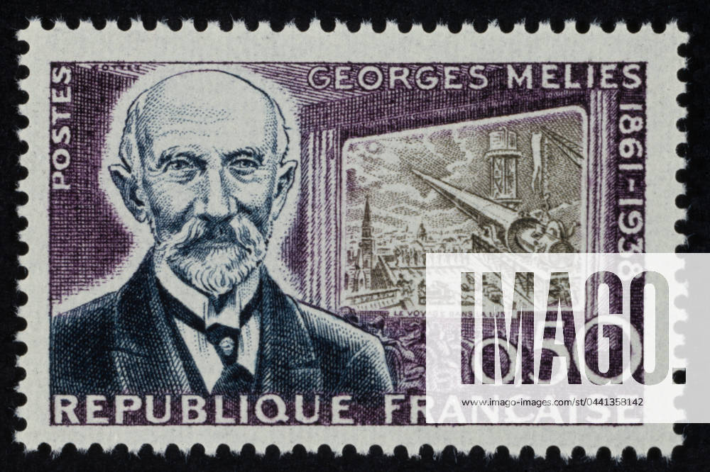 GEORGES MÉLIÈS (1861-1938). French film director. On a French postage stamp, 1961, with a scene from his 1902 film A Trip to the Moon ( Le voyage dans la lune ).