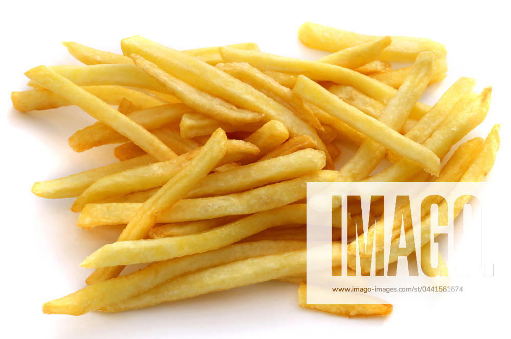 Tasty slices of french fries on white background