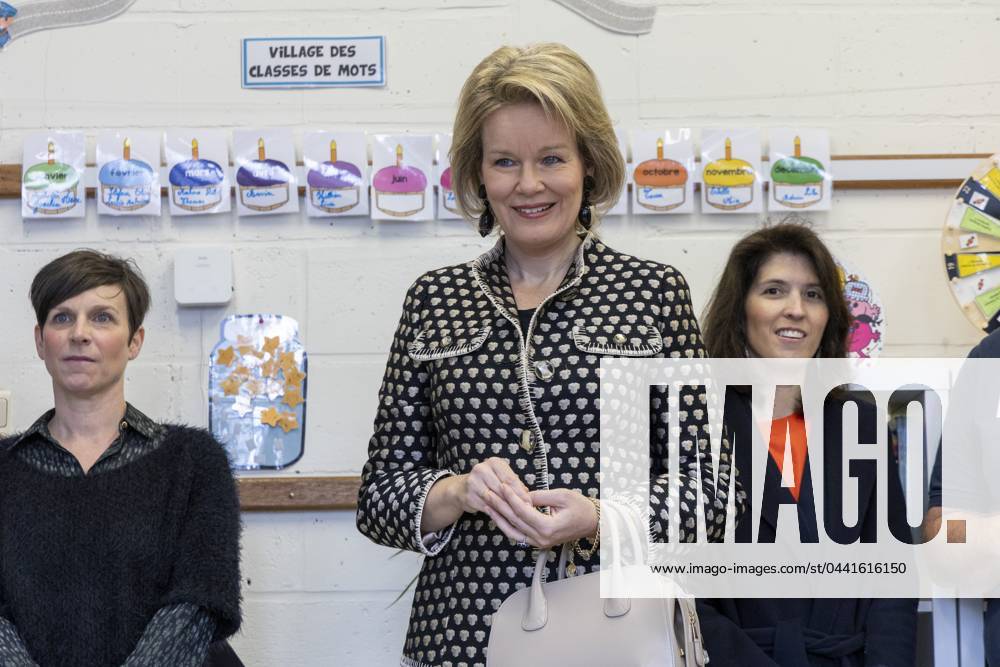Queen Mathilde of Belgium and State Secretary for Budget Alexia Bertrand pictured during a royal visit to the Ecole Notre-Dame des Graces du Chant d Oiseau in Brussels, Friday 22 March 2024. The Queen and several classes discover the new Wikifin game, designed to give children a better understanding of money and finance. Primary school pupils learn how to manage money in a fun way, they buy their school supplies while trying to stay within their budget. NICOLASxMAETERLINCK 89639393